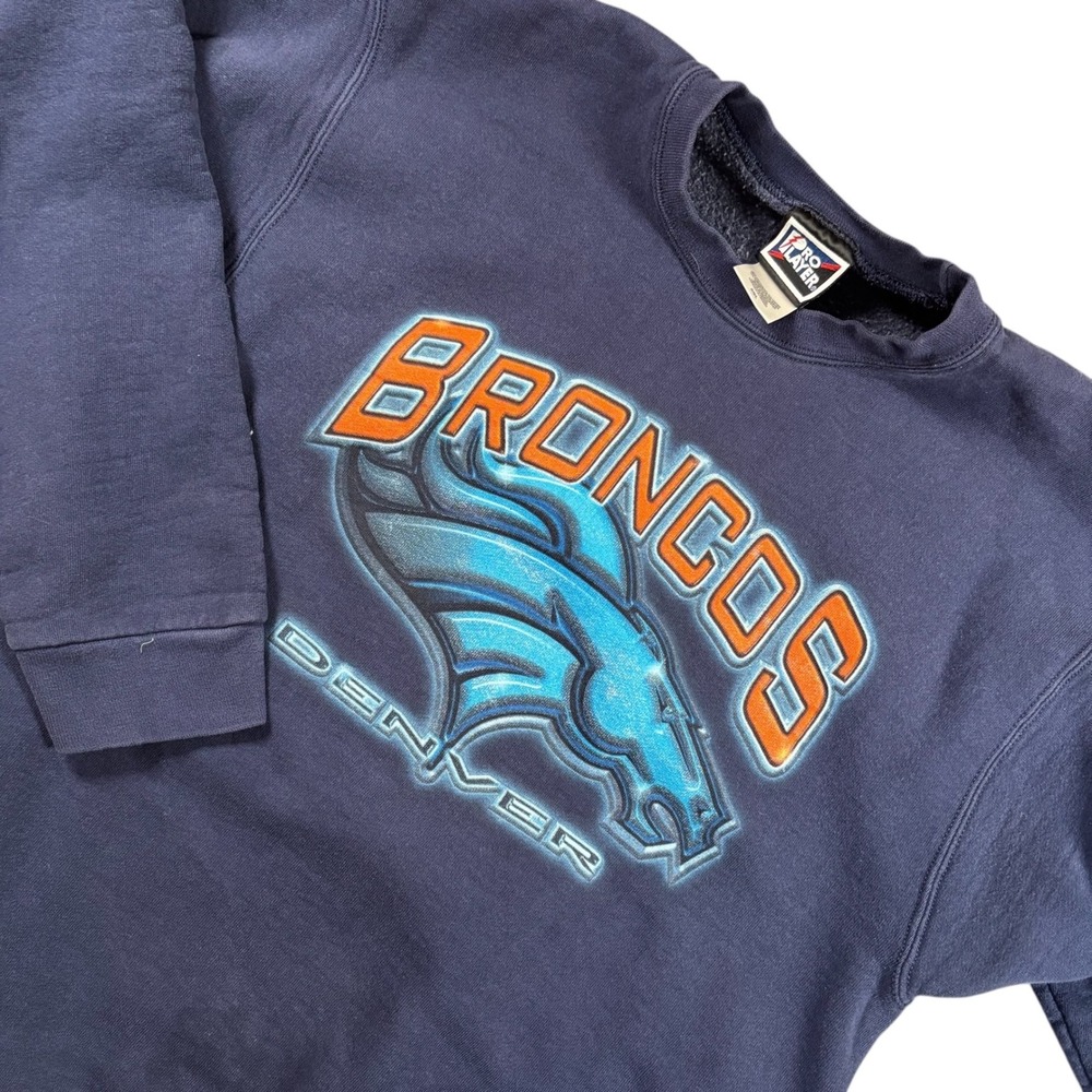 VTG Pro Player Denver Broncos Crewneck Sweatshirt Sz L Navy Blue NFL Football